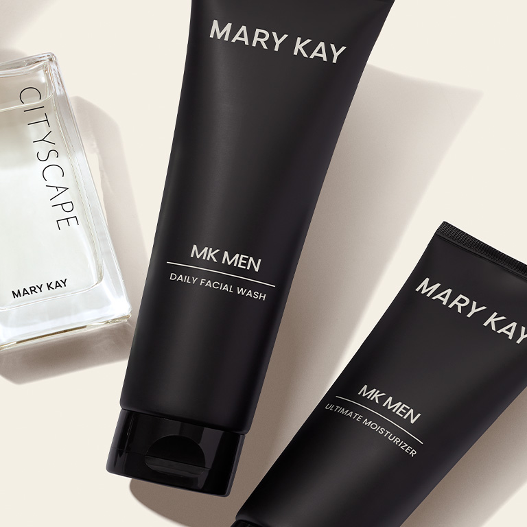 MKMens skin care regimen alongside Mary Kay Cityscape cologne spray for men